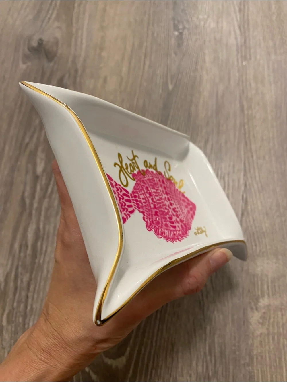 Lilly Pulitzer Heart and Soul Porcelain Trinket Jewelry Tray Pink Fish Gold Trim